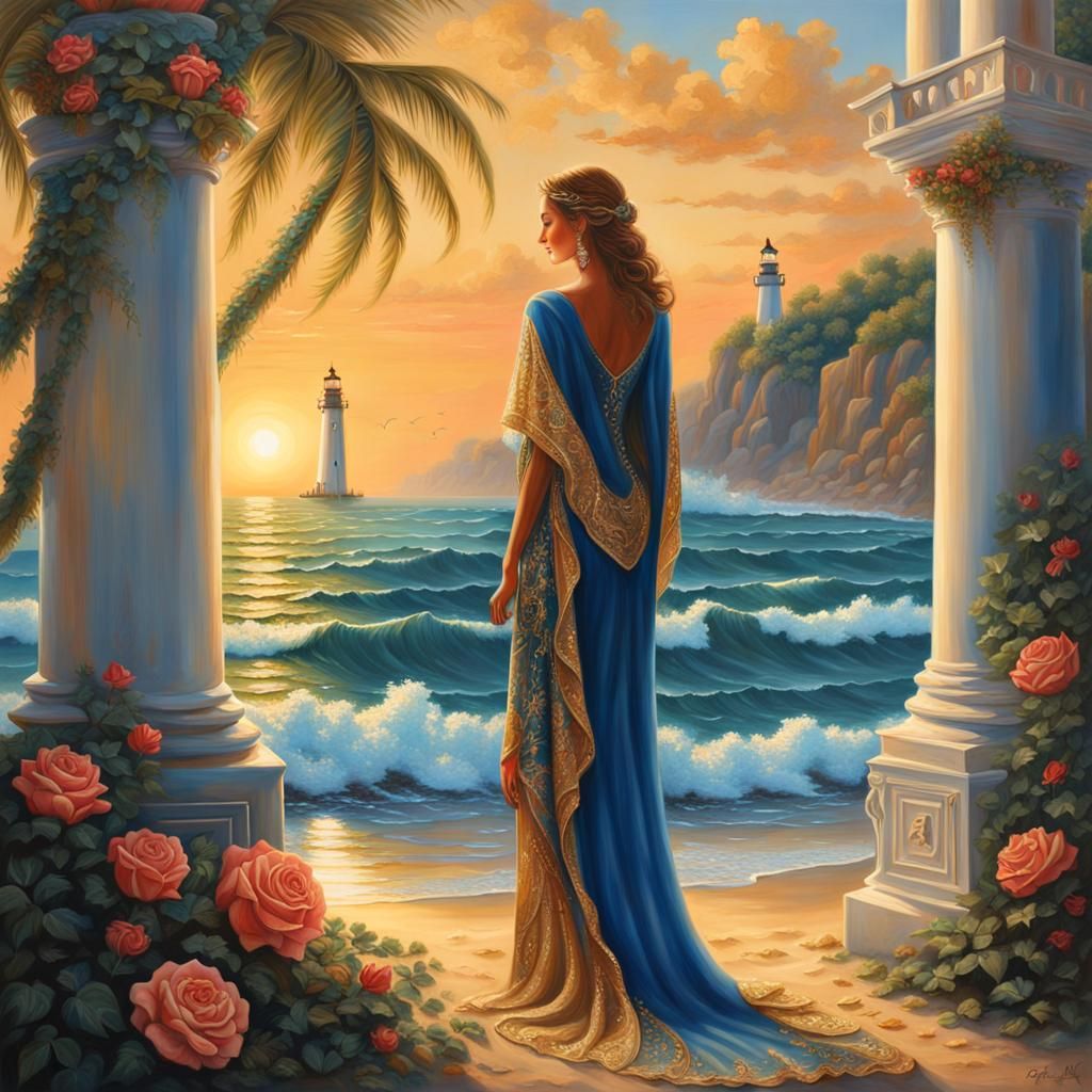 Tropical Beach Sunset with Woman in Oil Painting Style