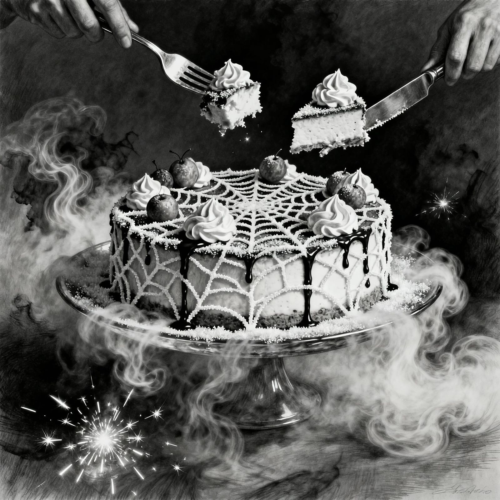 Hyperrealistic Charcoal Dessert of Sugared Spiderwebs and Fr...