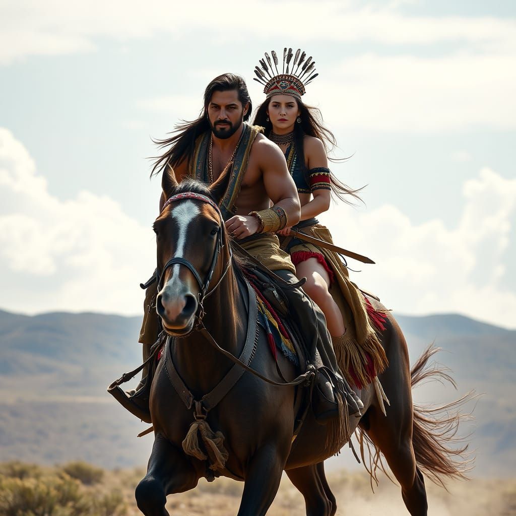 Native American Couple Ride Warhorses Across Open Plains