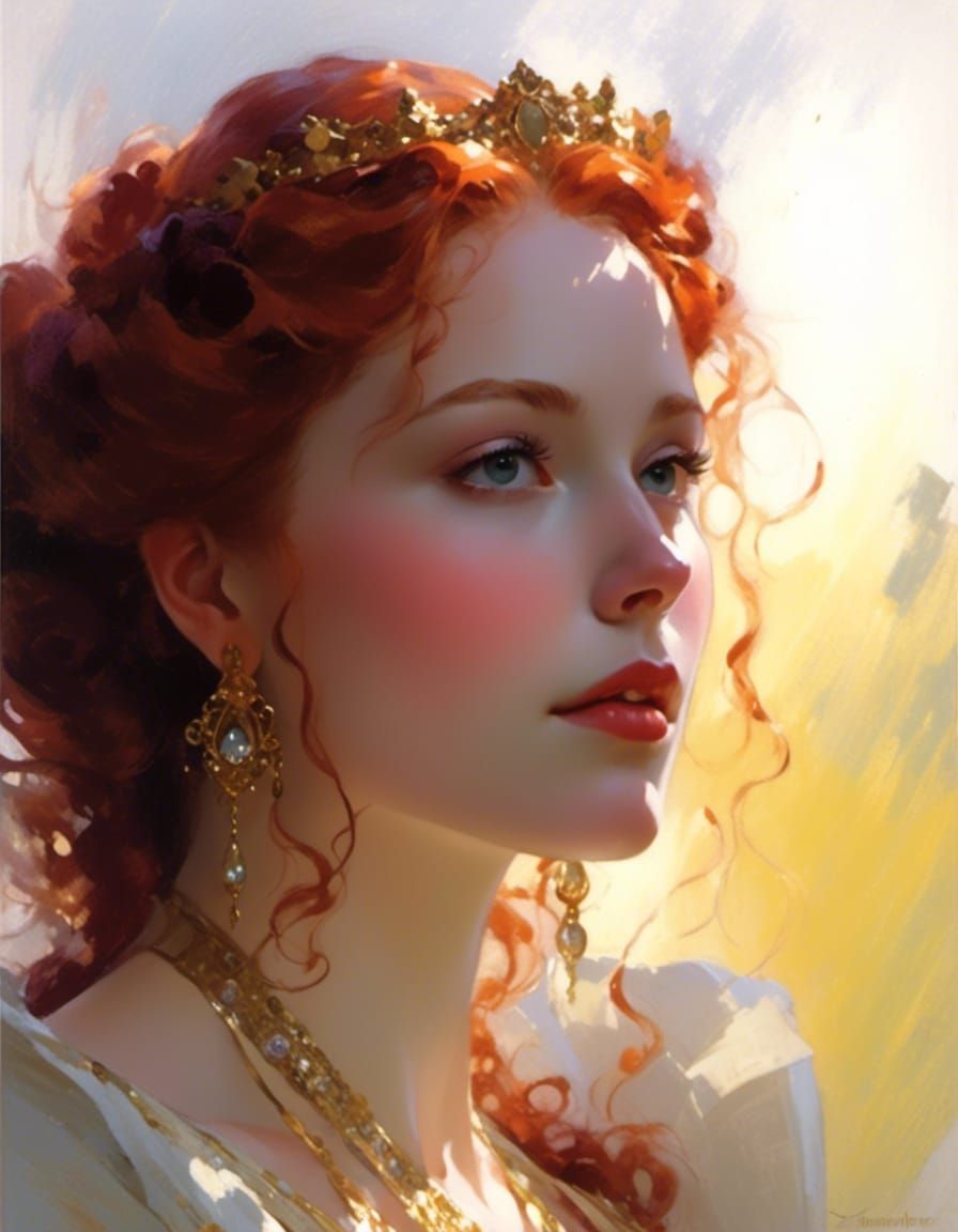 Red-Haired Queen in Victorian Dress, Dreamy Portrait