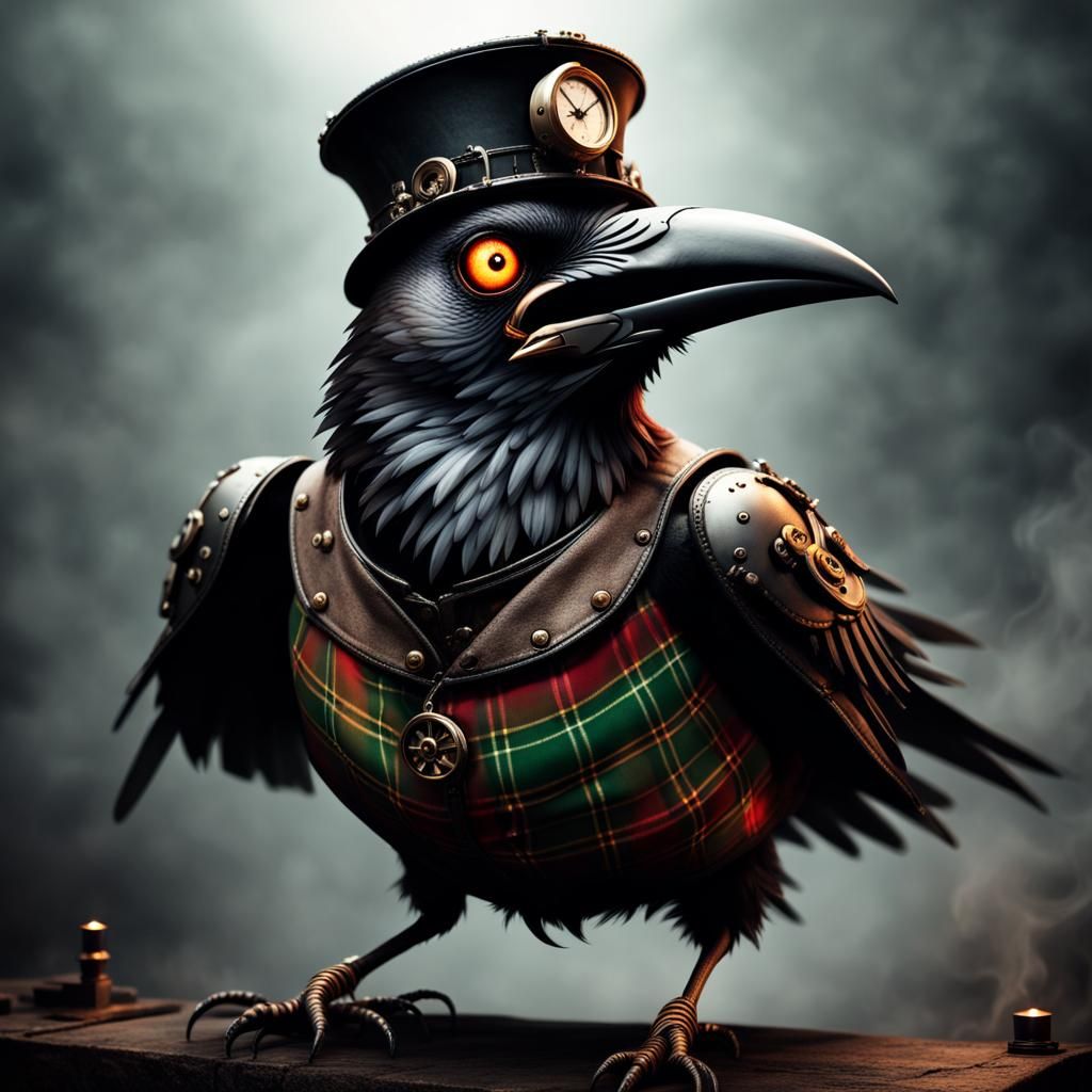 Steampunk Crow with Tartan Details Screaming