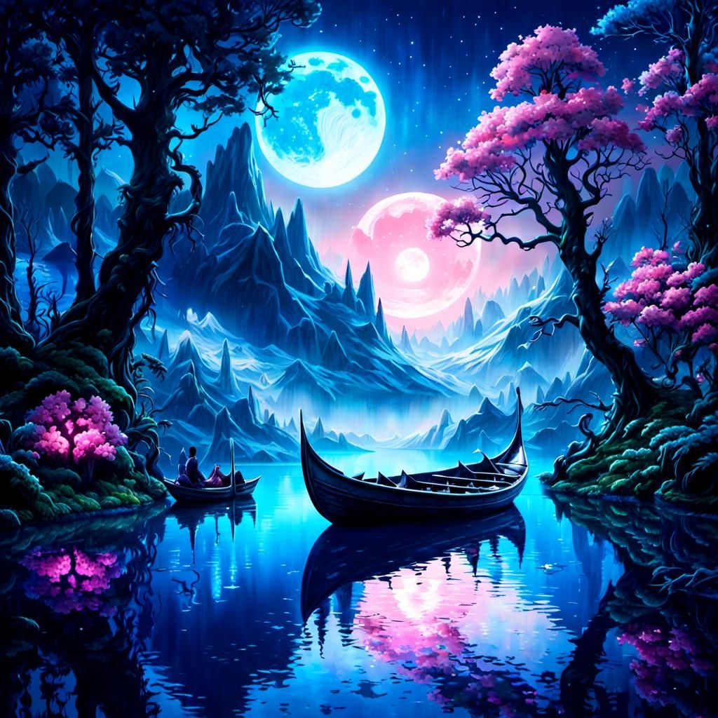 Bioluminescent Forest Lake with Elven Boat in Moonlight