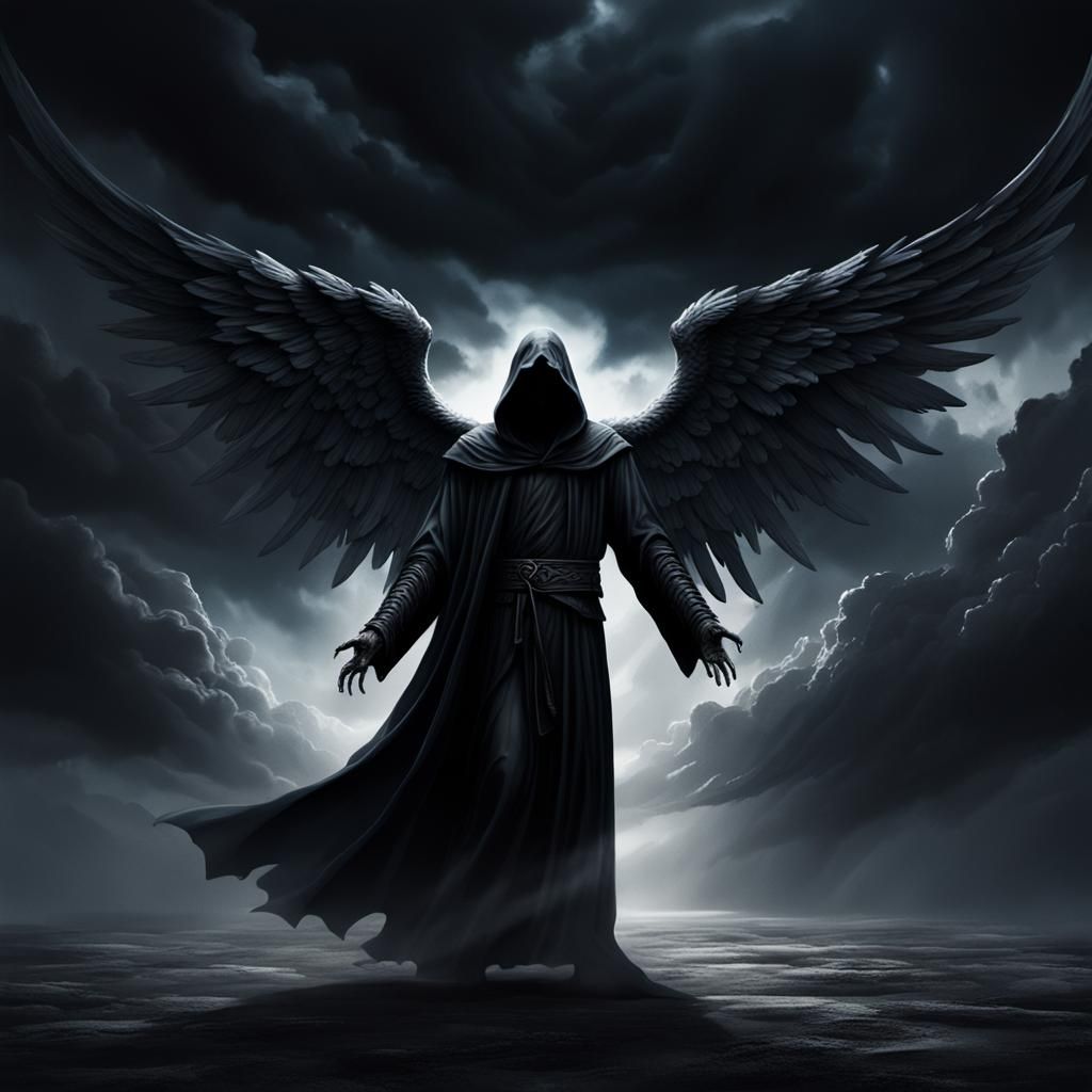 Angel of Death cloaked in flowing black robes, face shrouded...