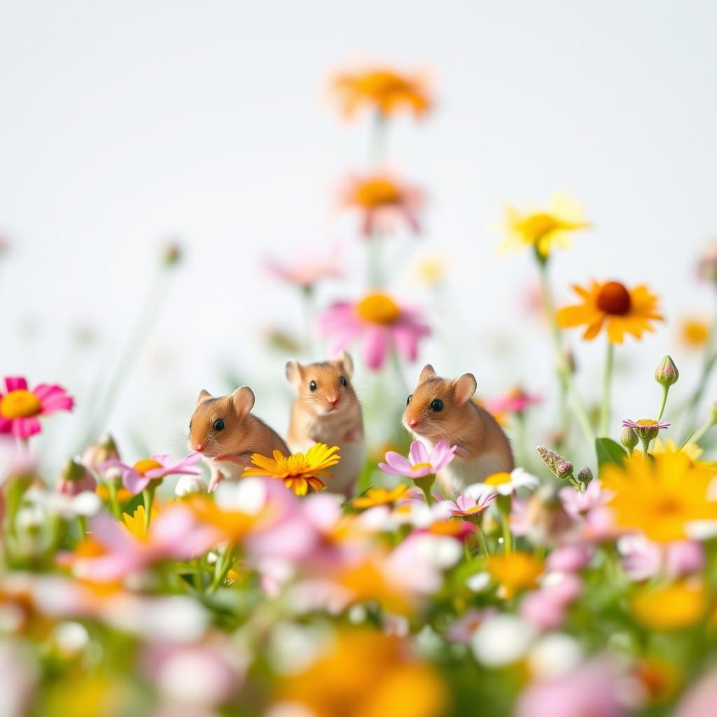 Whimsical Mice Dance Amidst Vibrant Blooms in a Studio Setti...
