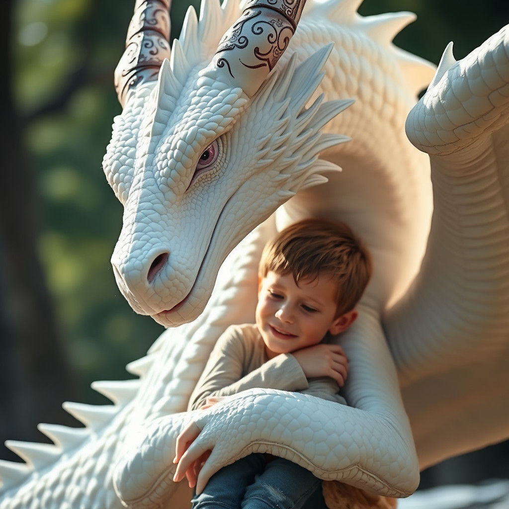 Loving White Dragon Hugs Boy: Heartwarming Fantasy