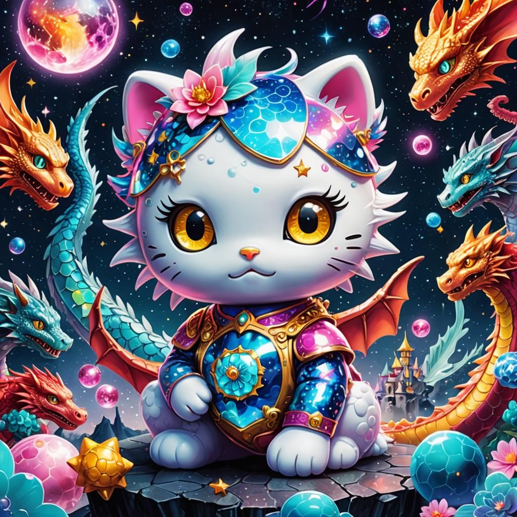 Holographic Hello Kitty Dragon Hybrid Illustration