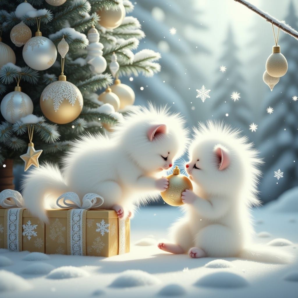 Whimsical Winter Wonderland with Two Long-Haired Kittens and...