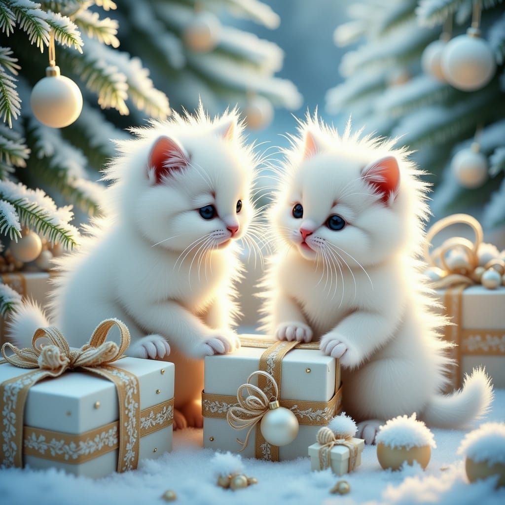 Whimsical Winter Wonderland with Long-Haired Kittens and Chr...
