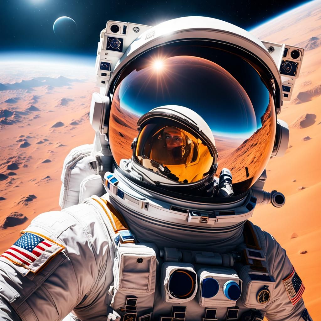 Astronaut in Space Reflecting Desert Landscape