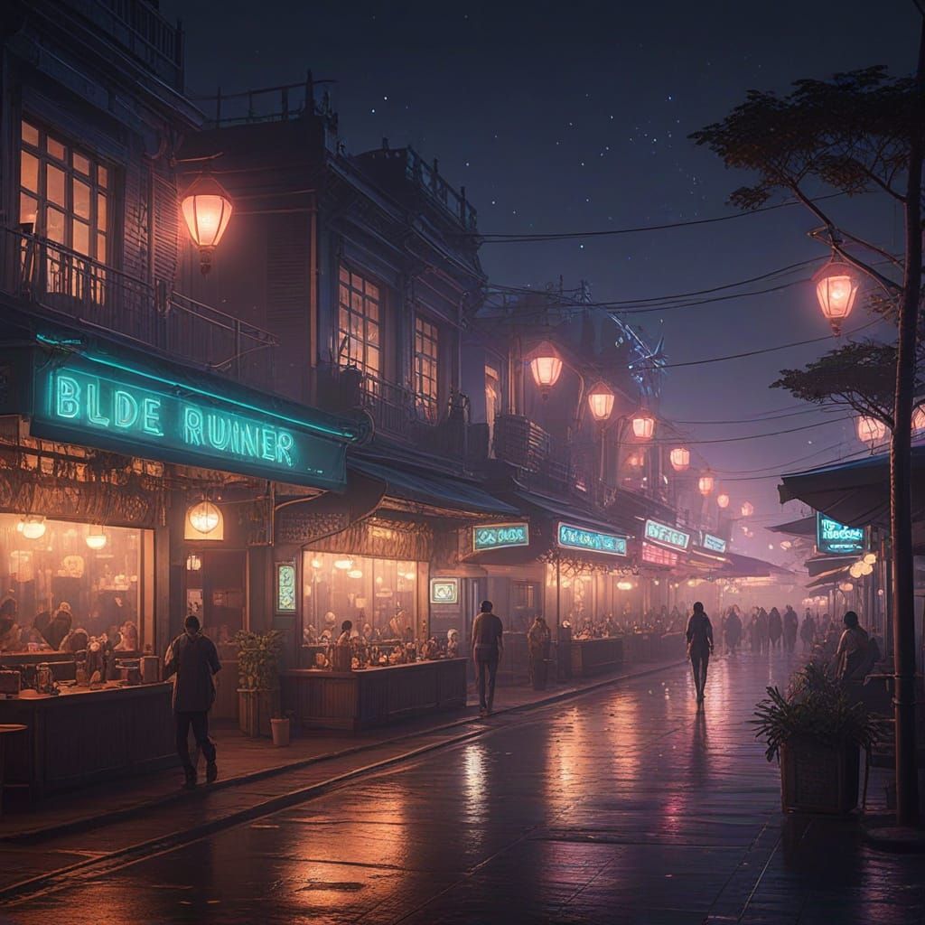 Magical Seaside Night Scene with Lanterns and Fireflies