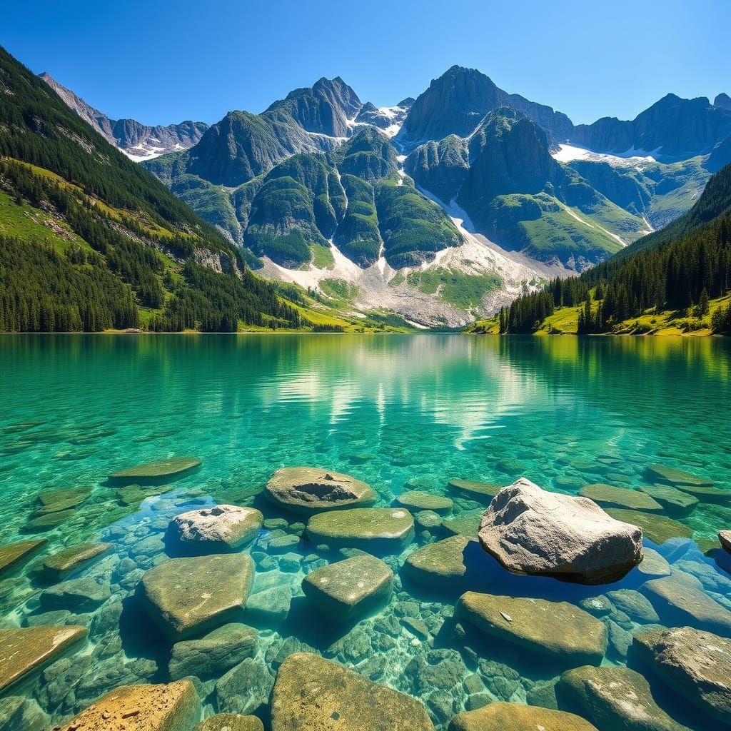 Swiss Mountain Lake in the Style of Digital Landscape Art