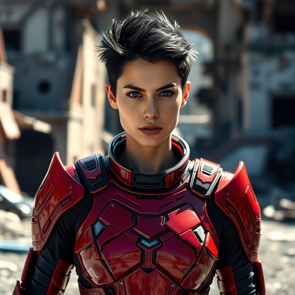 Woman in Red Armor in Ruined City, Cinematic Style