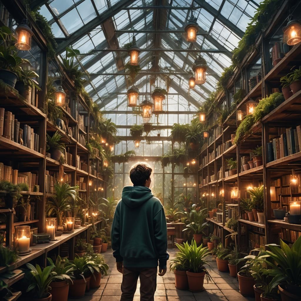 Androgynous Wizard in Decayed Greenhouse Library