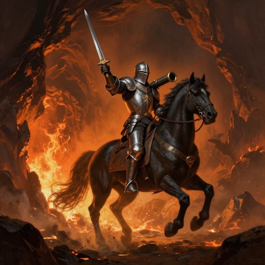 Knight Enters Fiery Dragon Lair on Warhorse