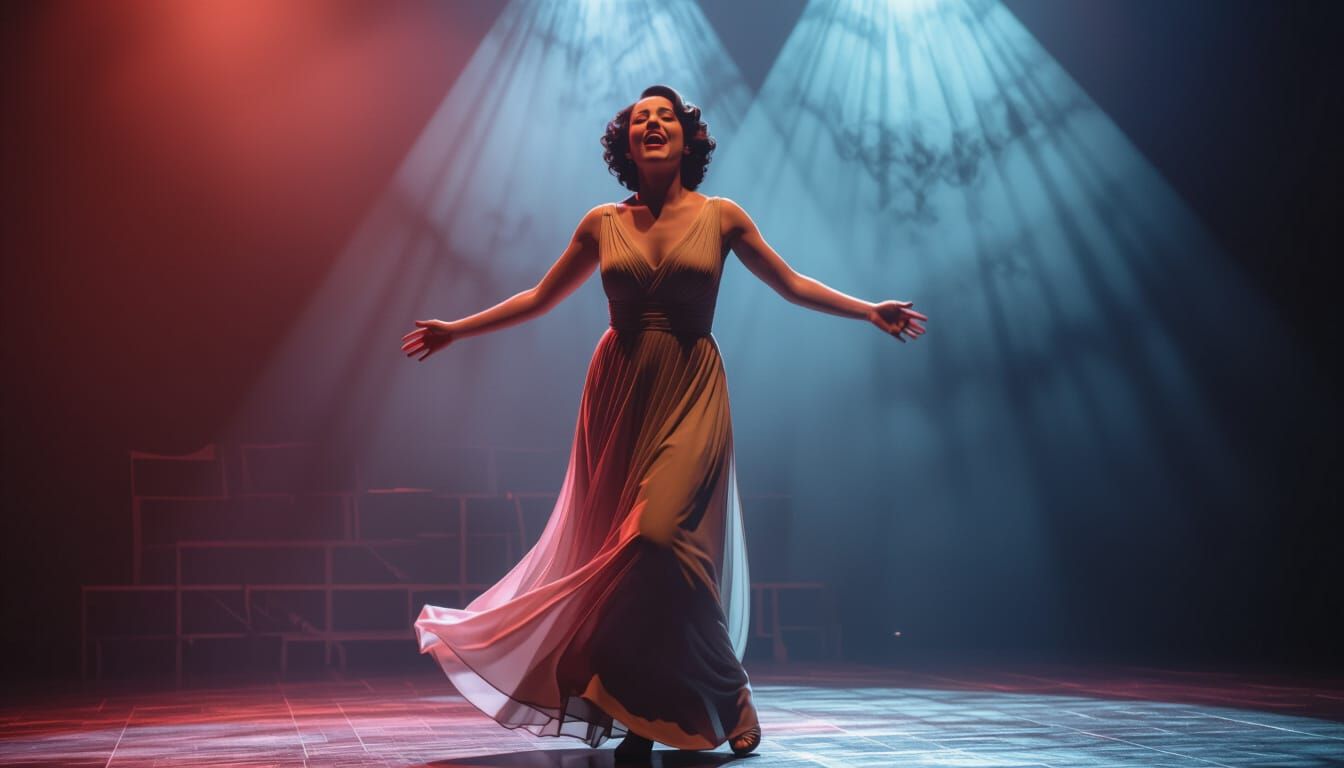 Woman's Emotional Performance on Stage in Cinematic Lighting