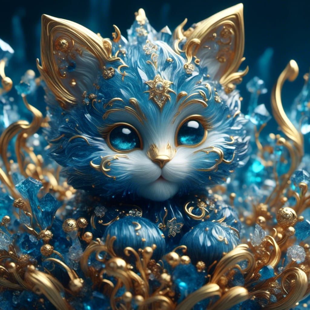 Blue and Gold Crystal Kitten Close-Up