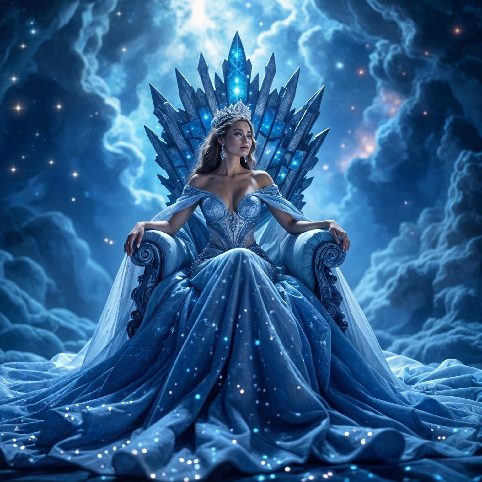 Cosmic Queen on Asteroid Throne in Hyperrealistic Style