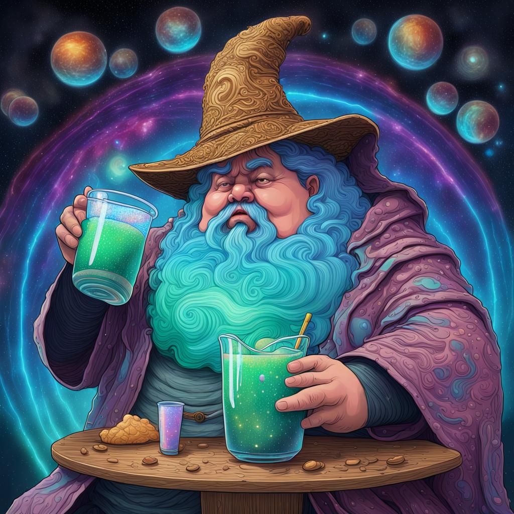 Wizard Drinking Baja Blast: Astral Cosmic Illustration