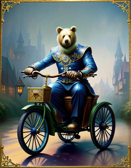 Bear Jester on Tricycle in Pop Art Rococo Style