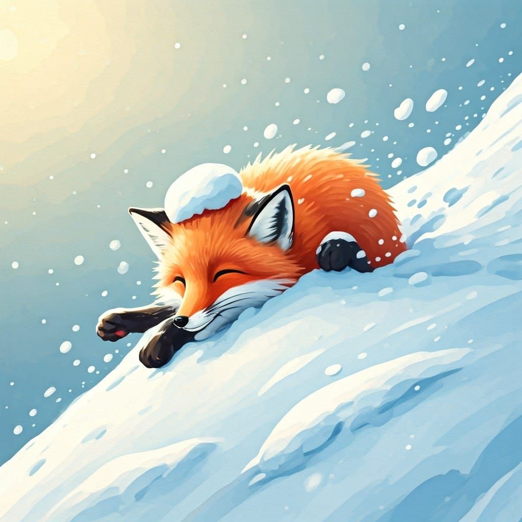 Playful Arctic Fox Slides Down Snowy Hill