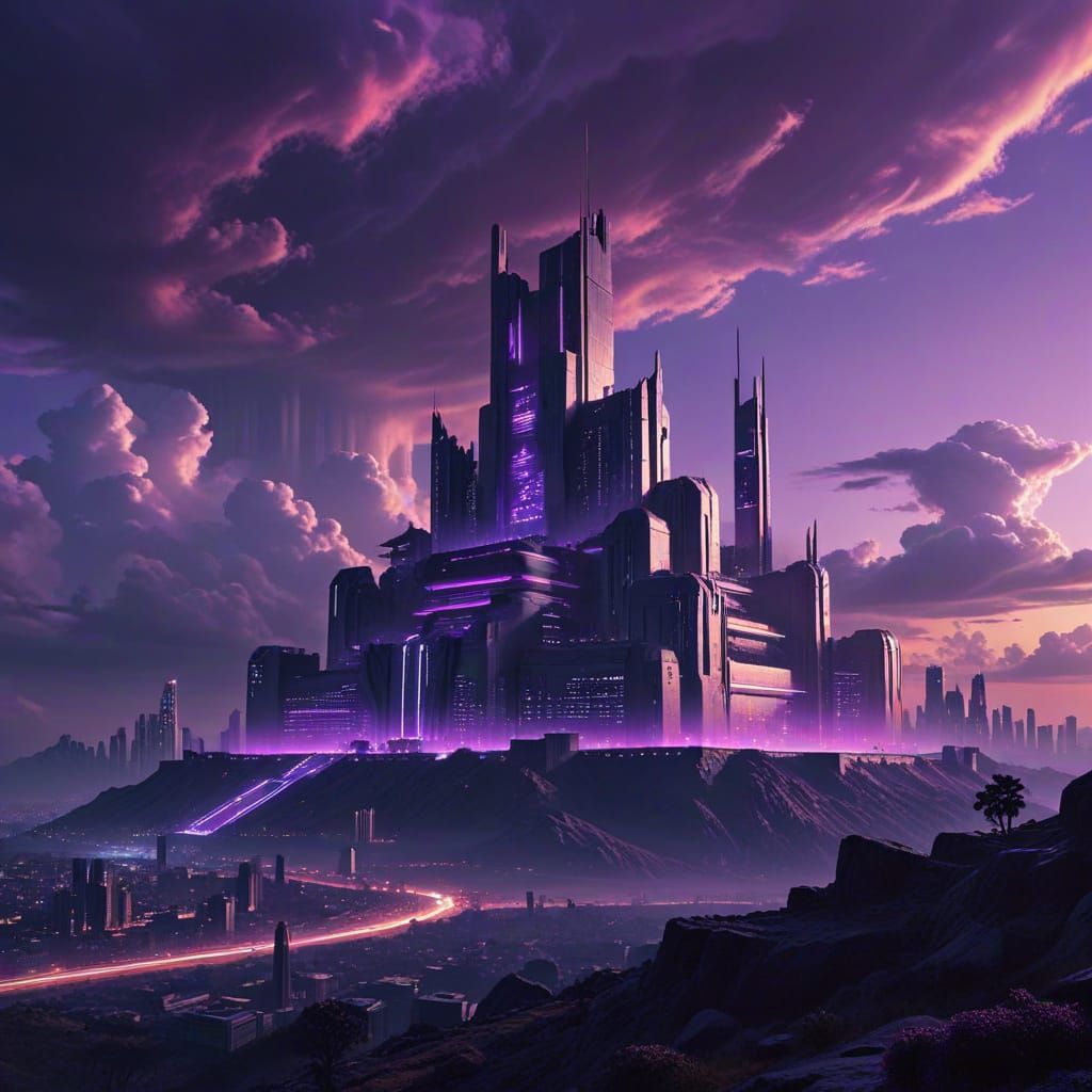 Cyberpunk Citadel Skyline with Digital Projection