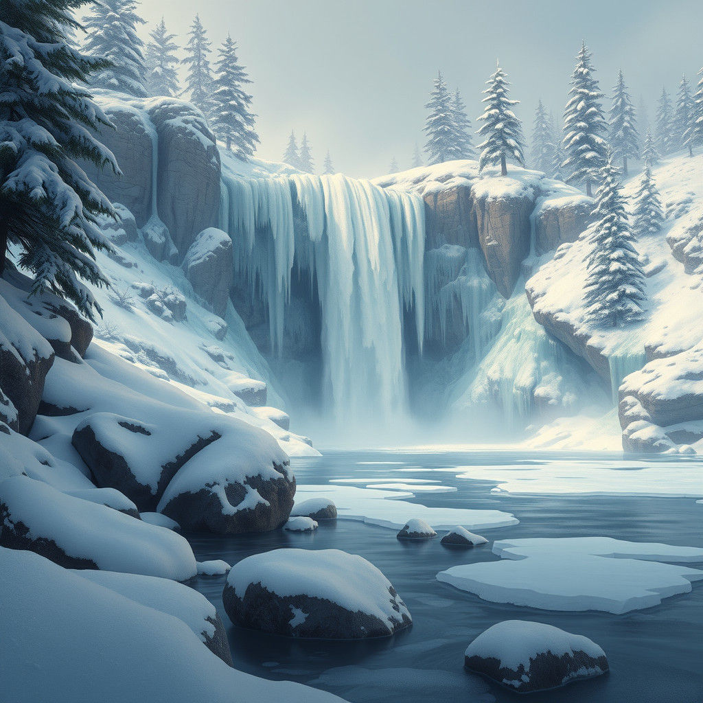 Serene Winter Wonderland with Majestic Frozen Waterfall