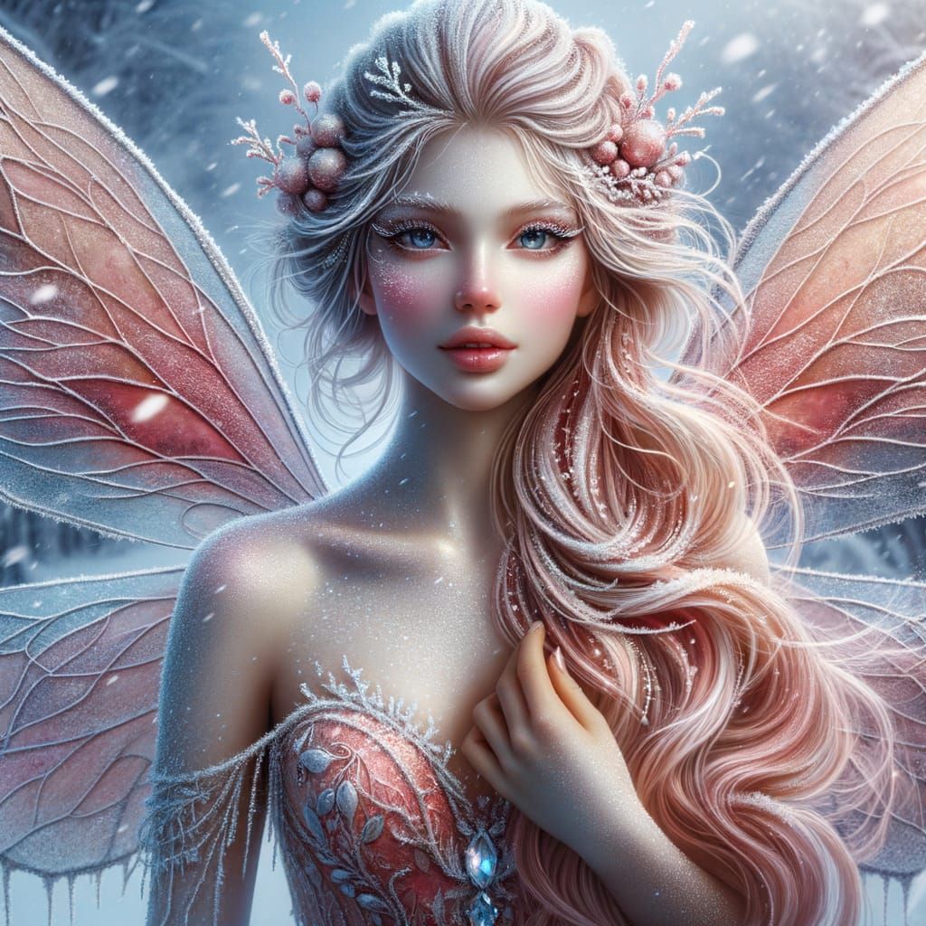 Enchanting Red Winter Fairy in a Frosty Landscape
