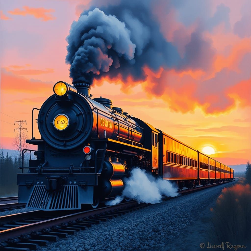 A streamlined, art Deco Henry Dreyfuss style New York Central steam locomotive with streamlined smoke pulling a streamli...