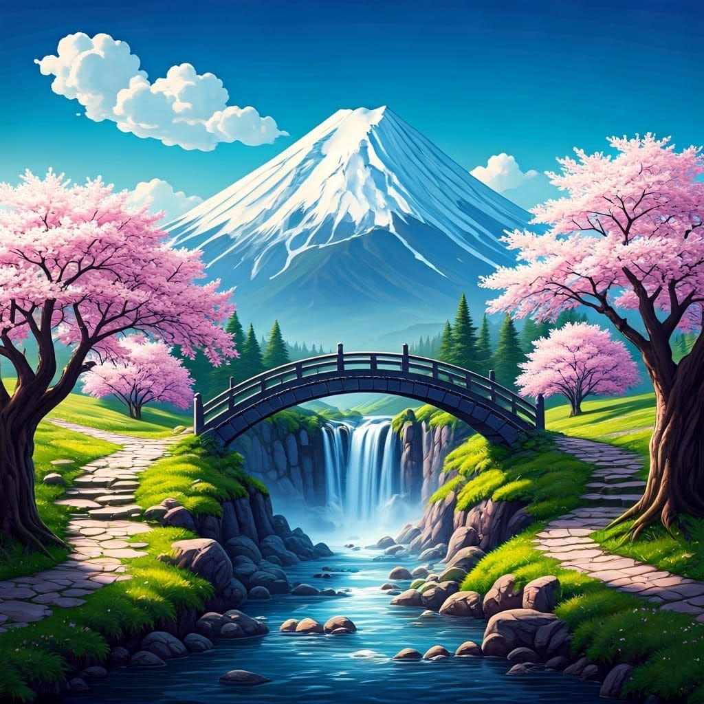 Snowy Mountain Scene with Cherry Blossoms