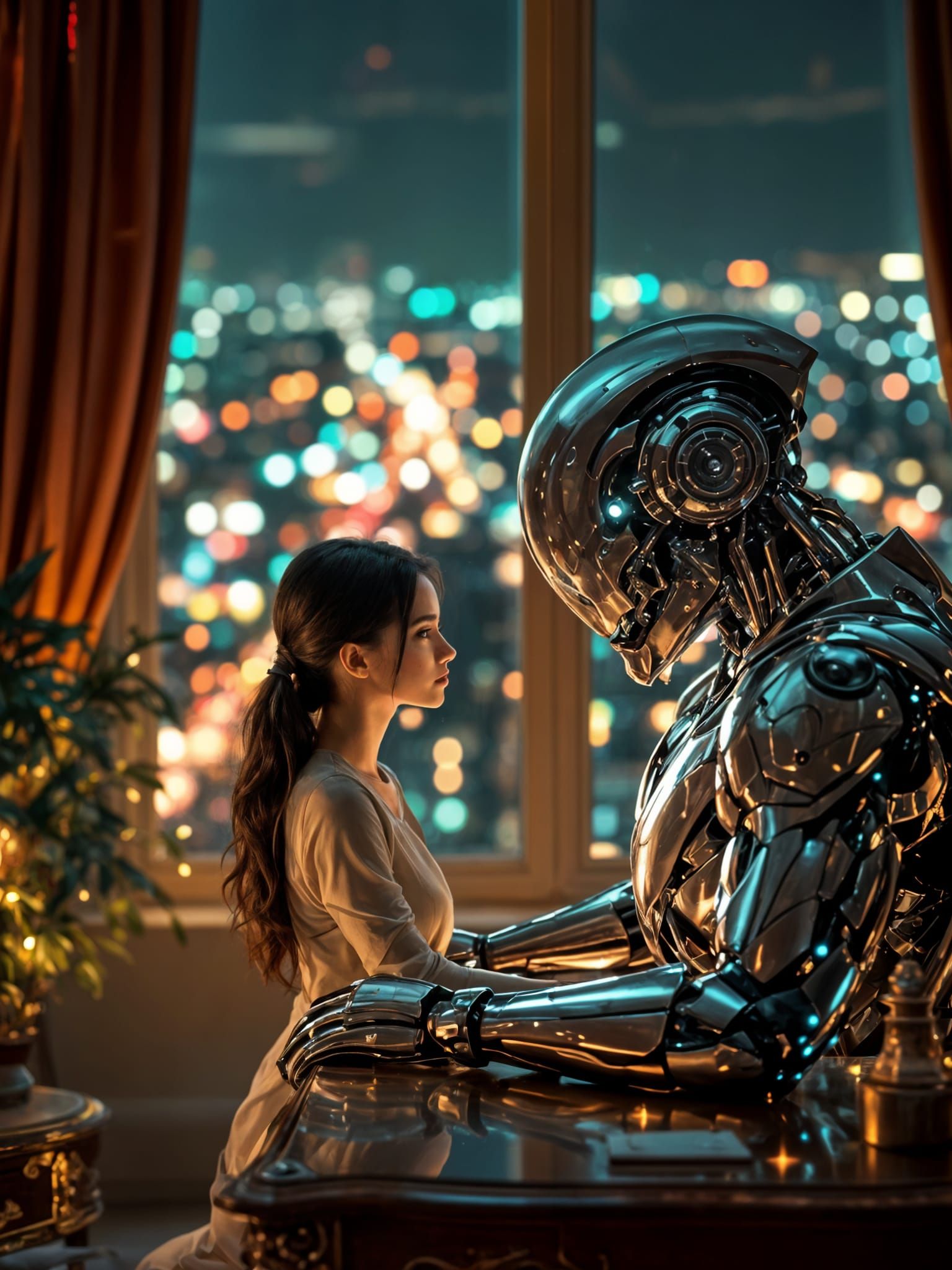 Anime Woman Gazing at City Lights