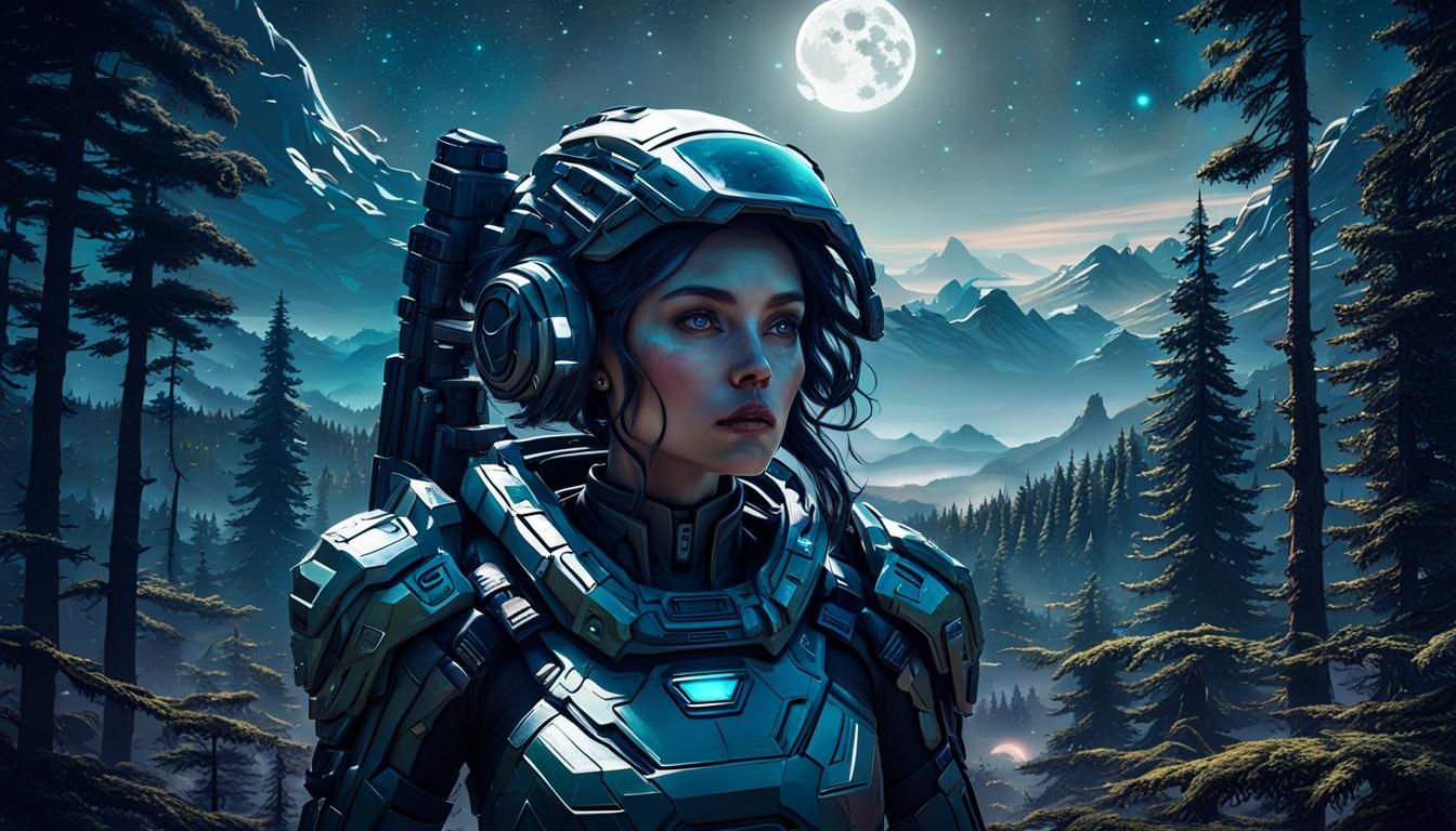 Alien Planet with Futuristic Soldier in Whispering Woods