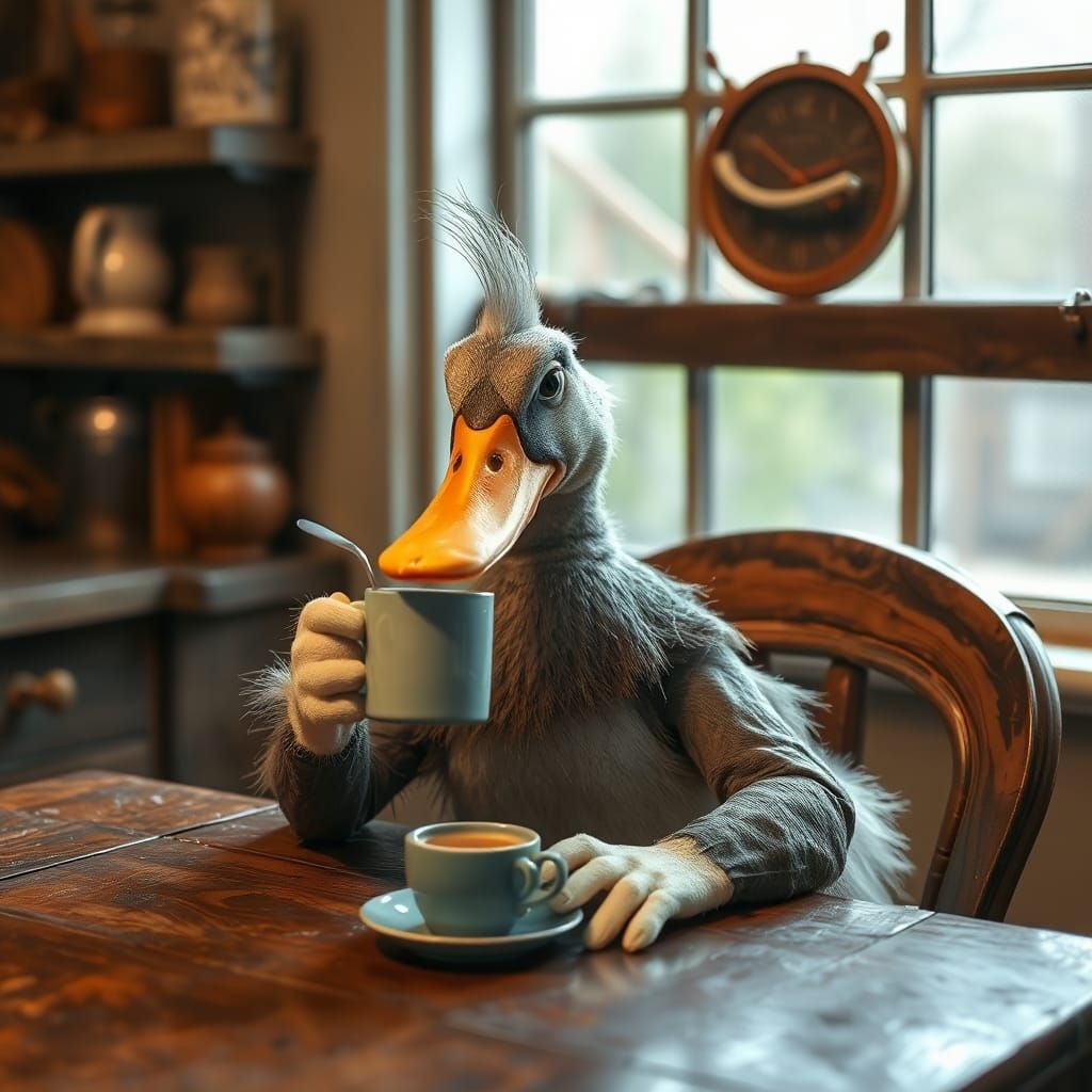 Irritated Anthropomorphic Duck Drinks Morning Coffee