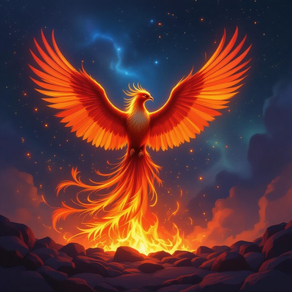 Majestic Phoenix Rises from Embers in Cosmic Nebula
