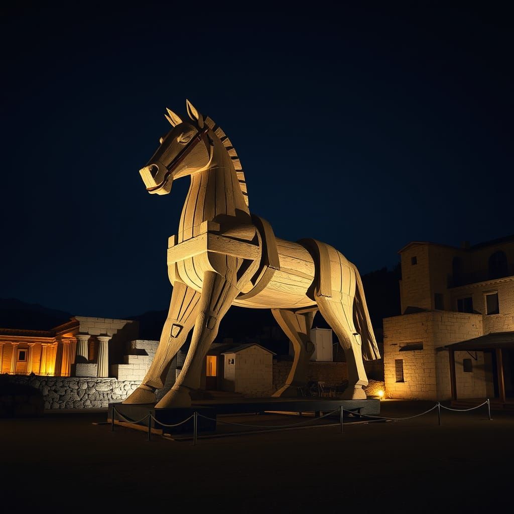 Ancient Greek Cityscape at Night with a Giant Wooden Horse