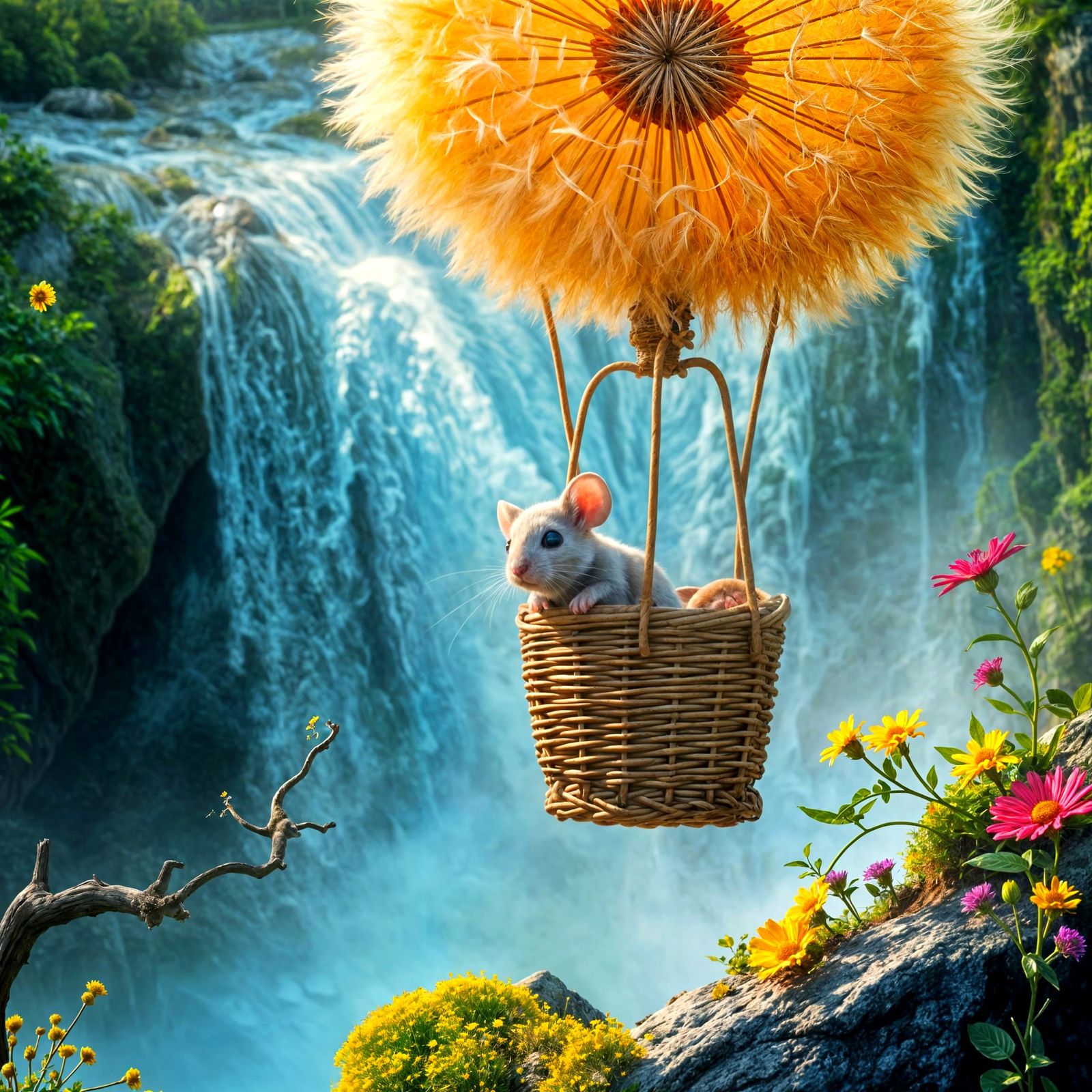 Mouse in Dandelion Balloon Over Waterfall, Fantasy Art