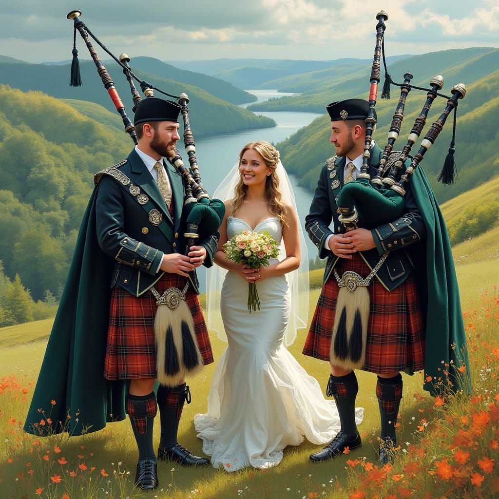 Medieval Bagpipers in Vibrant Scottish Glen