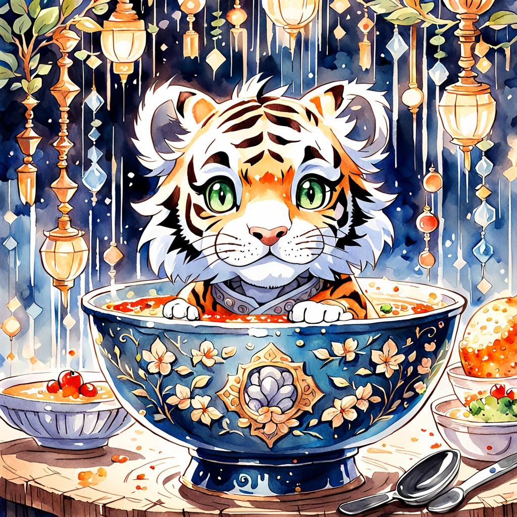 Chibi White Tiger in Victorian Bowl: Watercolour Anime Art