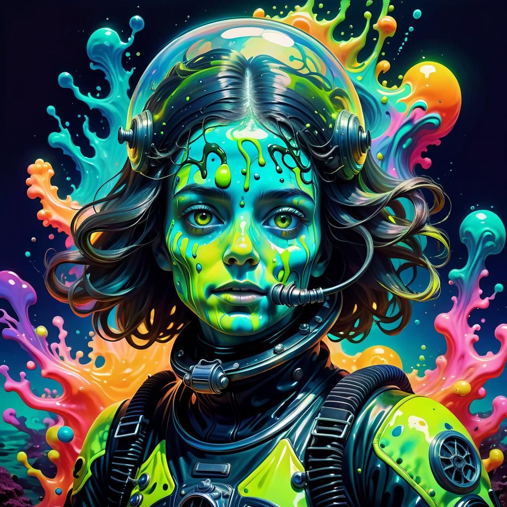 Psychedelic Portrait: Woman in Diving Suit with Neon Slime