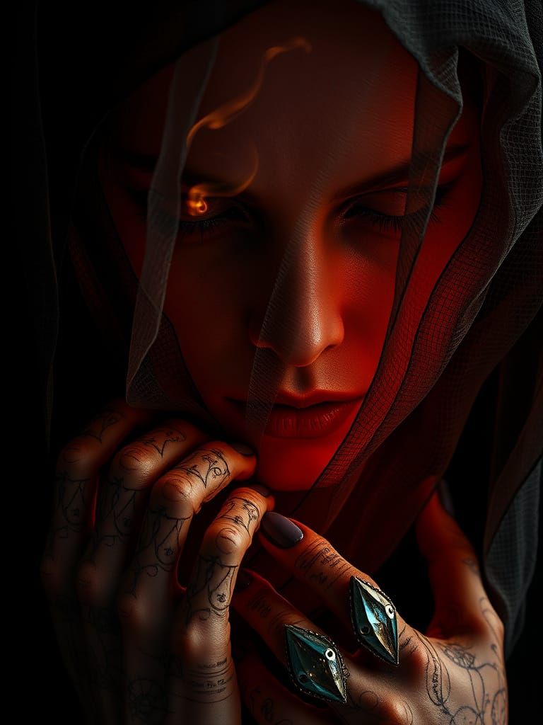 Vampiric Embalmer in Shimmering Veils with Smoking Eyes