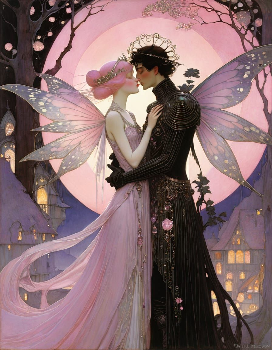 Dark Fae Royalty Embracing in Ethereal Light