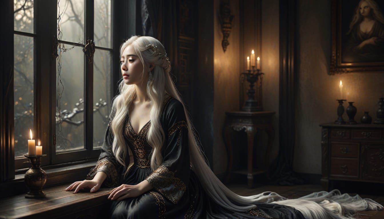 Sorrowful Woman with Flowing Hair in Pre-Raphaelite Style