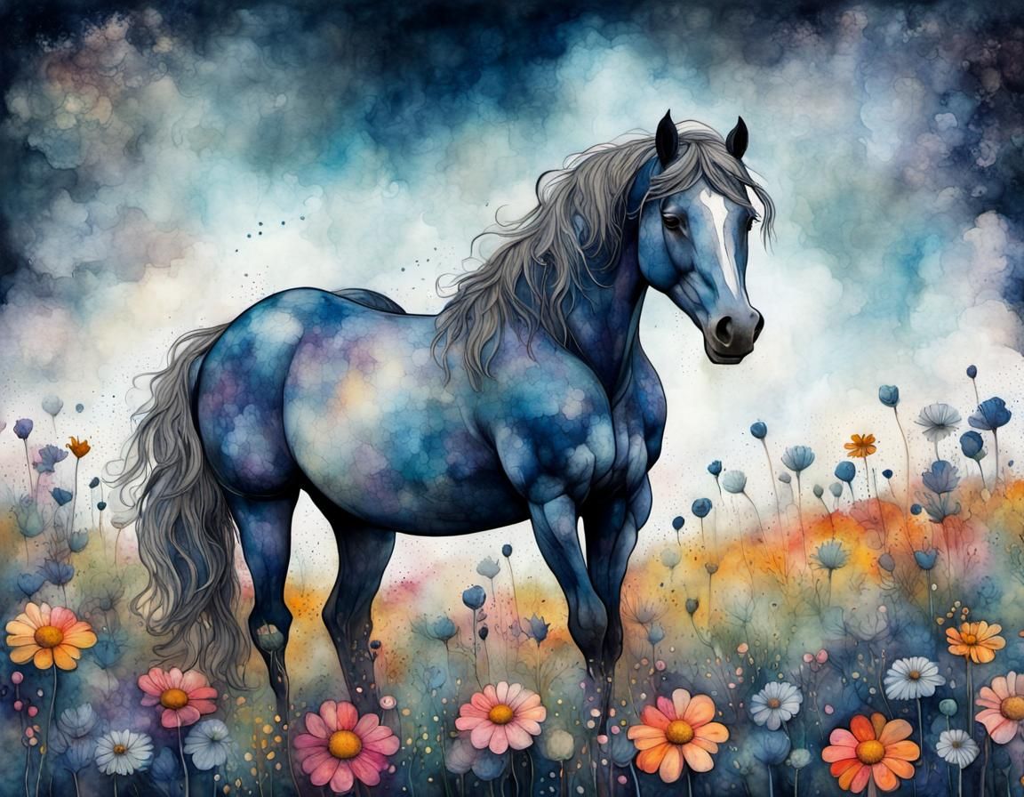 Horse in Flower Meadow, Gritty Watercolor Fantasy Art