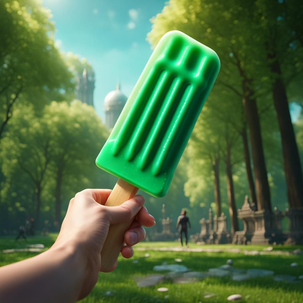 Green Popsicle in Park Setting as Digital Art