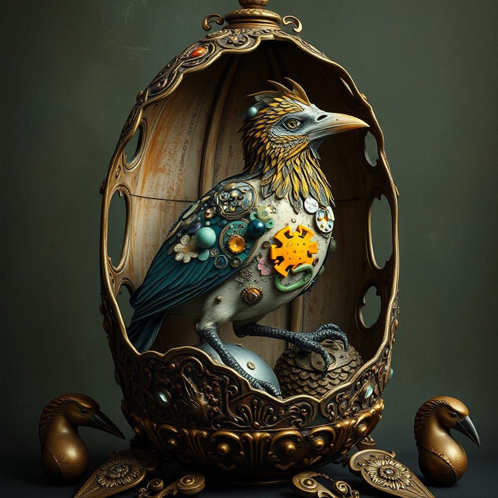 A Mechanical Bird in an Ornate Eggshell, in the Style of Hie...
