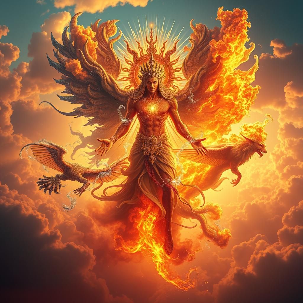 Majestic Being of All Elements in Surreal Landscape