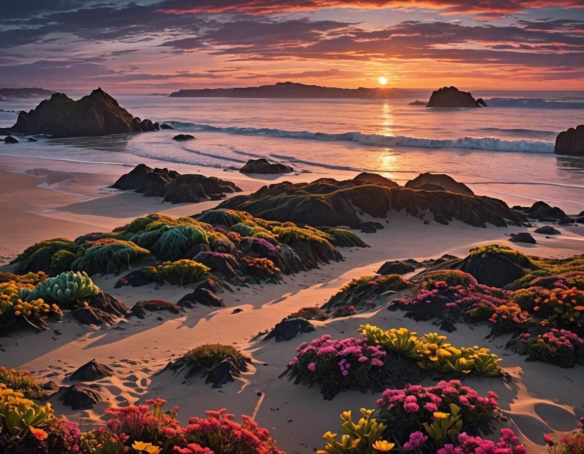 Psychedelic Sunset on Alien Beach with Vibrant Flora