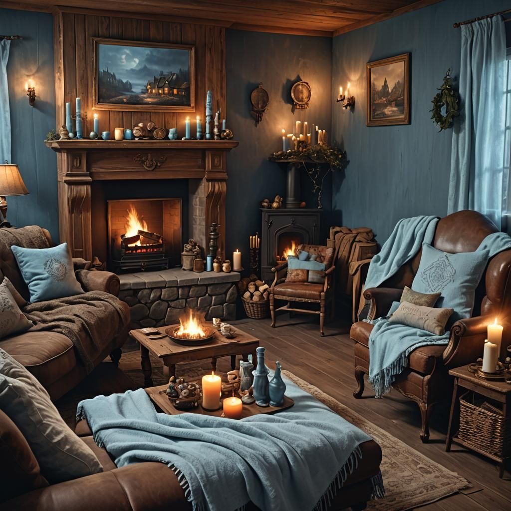 Cozy Dark Room with Fireplace in Detailed Matte Painting