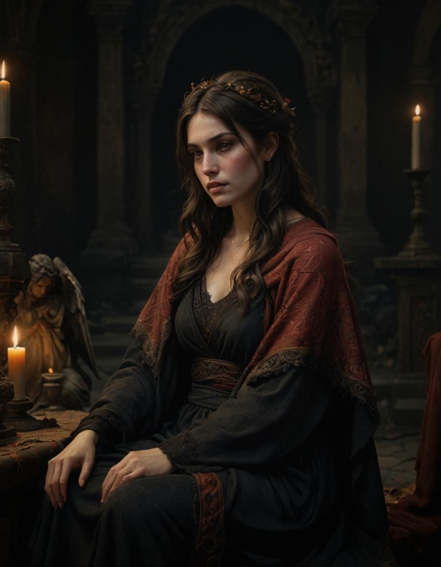 Chiaroscuro Oil Painting: Woman in Ruined Temple