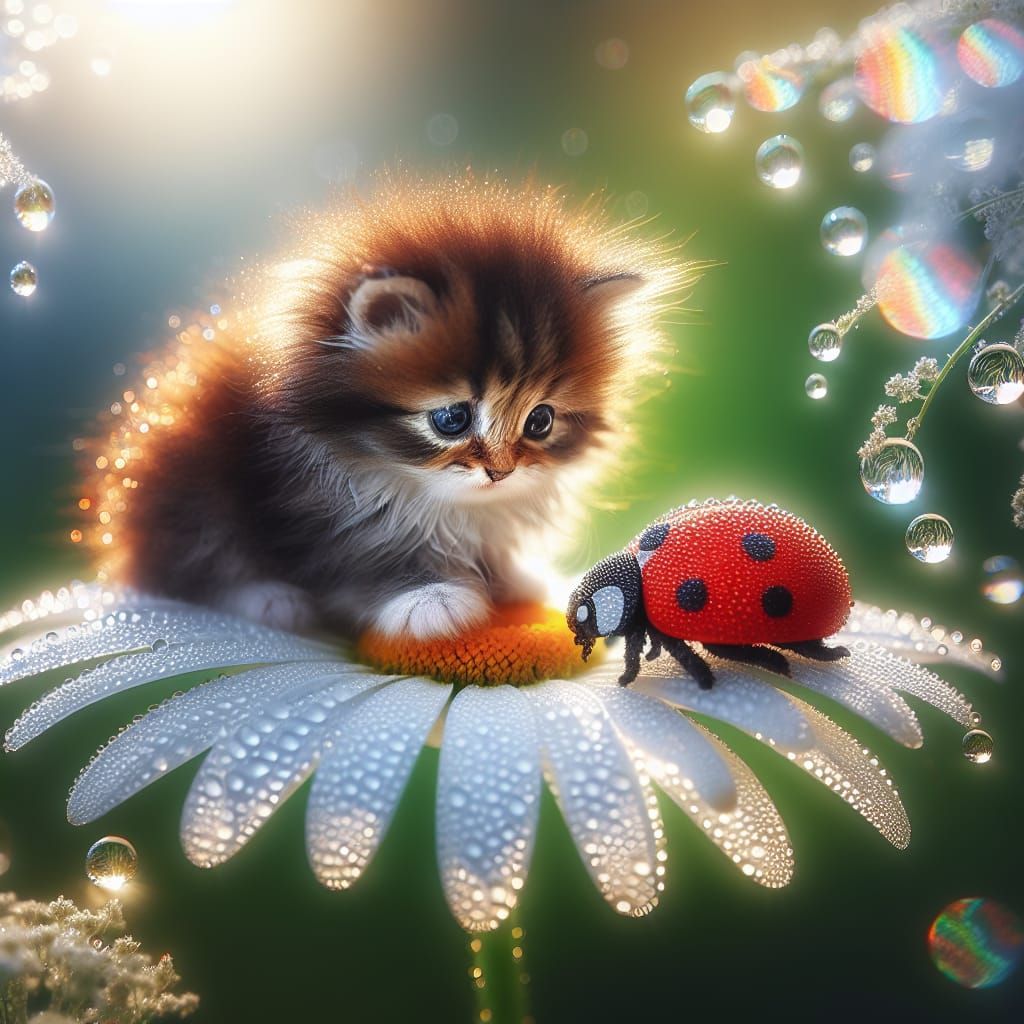 Miniature Cat and Ladybug in a Dewdrop Garden