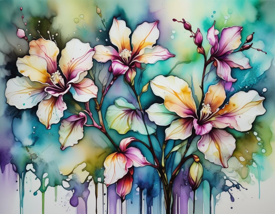 Orchid Flowers with Alcohol Ink in Vivid Colors